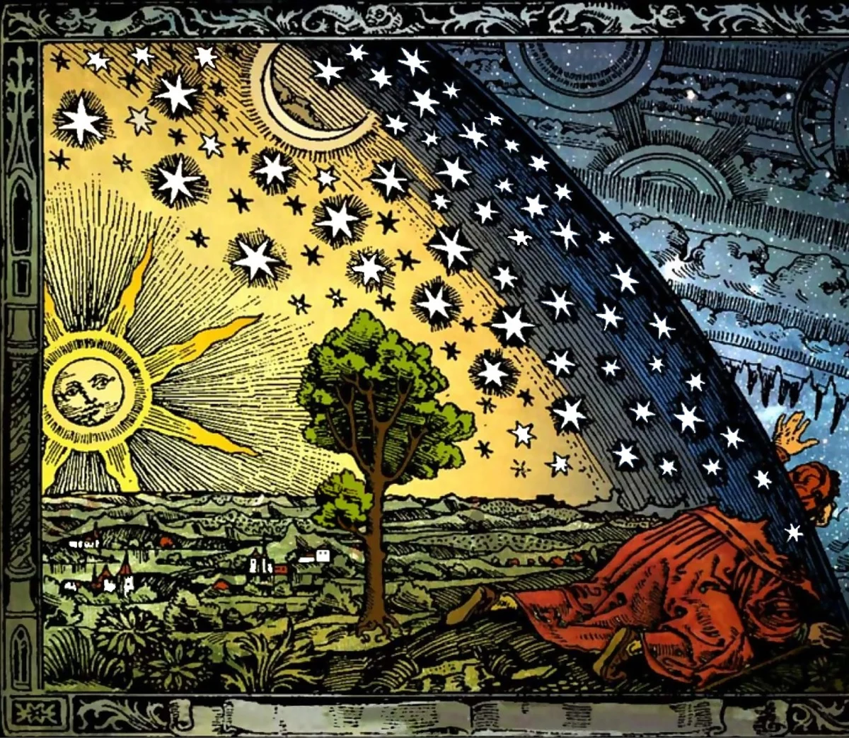 Kolorierte Flammarion-Gravur: ein Mensch blickt über den Horizont des Sichtbaren hinaus